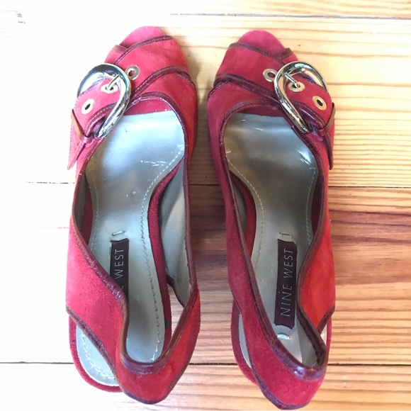 Nine West Red Suede Buckle Sling Back Heels, EUC, 7.5 - Picture 6 of 11